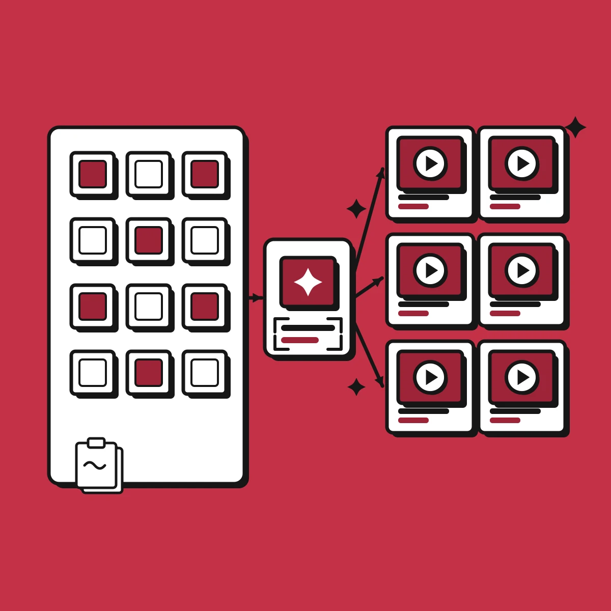 Illustration, wie ein E-Commerce-Produktkatalog im Maßstab zu Videoanzeigen wird
