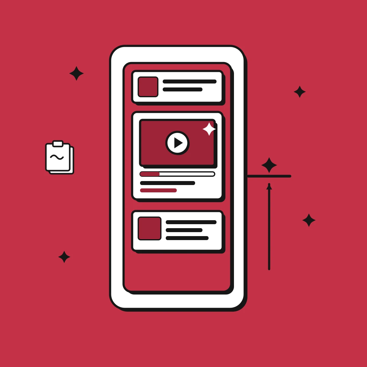 Illustration, wie die Eröffnungsframes einer Videoanzeige einen scrollenden Feed stoppen