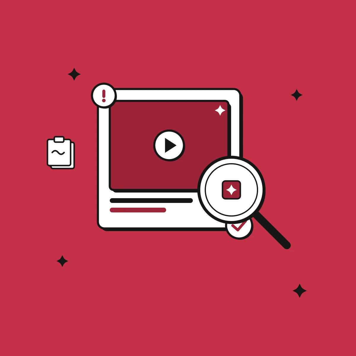 Illustration einer Lupe, die einen KI-Videoclip auf die Verräter prüft, die ihn als generiert entlarven