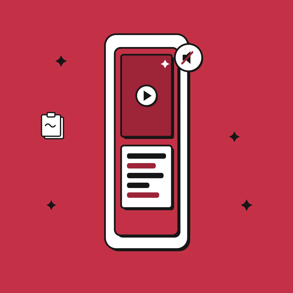 Illustration eines vertikalen Handy-Videos auf stumm, dessen Untertitel die Botschaft tragen
